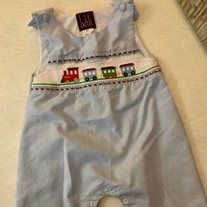 Smocked train little boy shorts one-piece